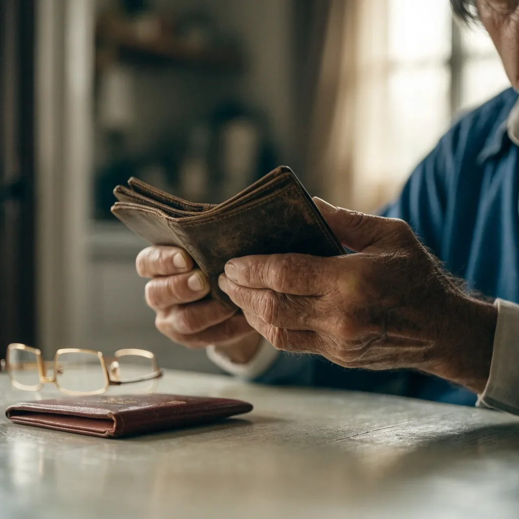 Manos de un hombre apoyadas sobre un calendario de bolsillo cerrado y un lápiz sobre una mesa de madera