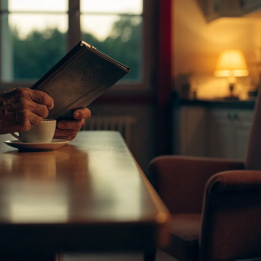 Mesa de trabajo al atardecer con una carpeta cerrada y una lámpara encendida junto a la ventana