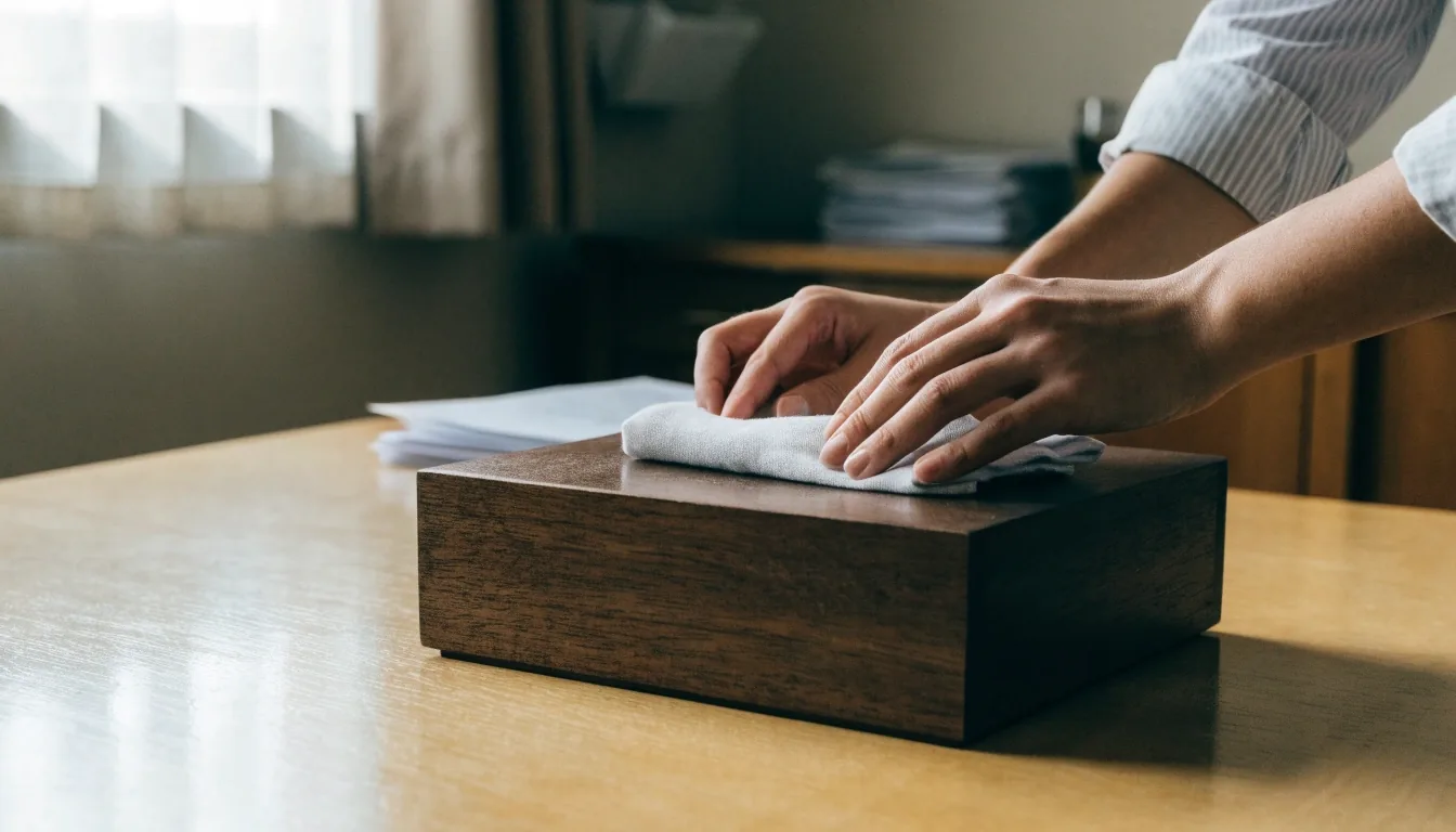 Mesa de madera con sobres en blanco, un lápiz y gafas de lectura bajo una lámpara