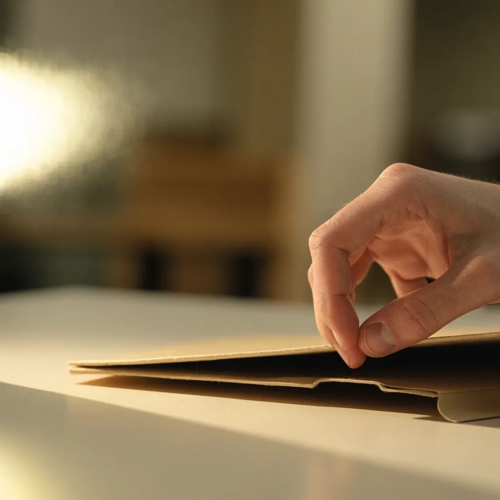 Mano levantando el borde de una carpeta de papel en blanco