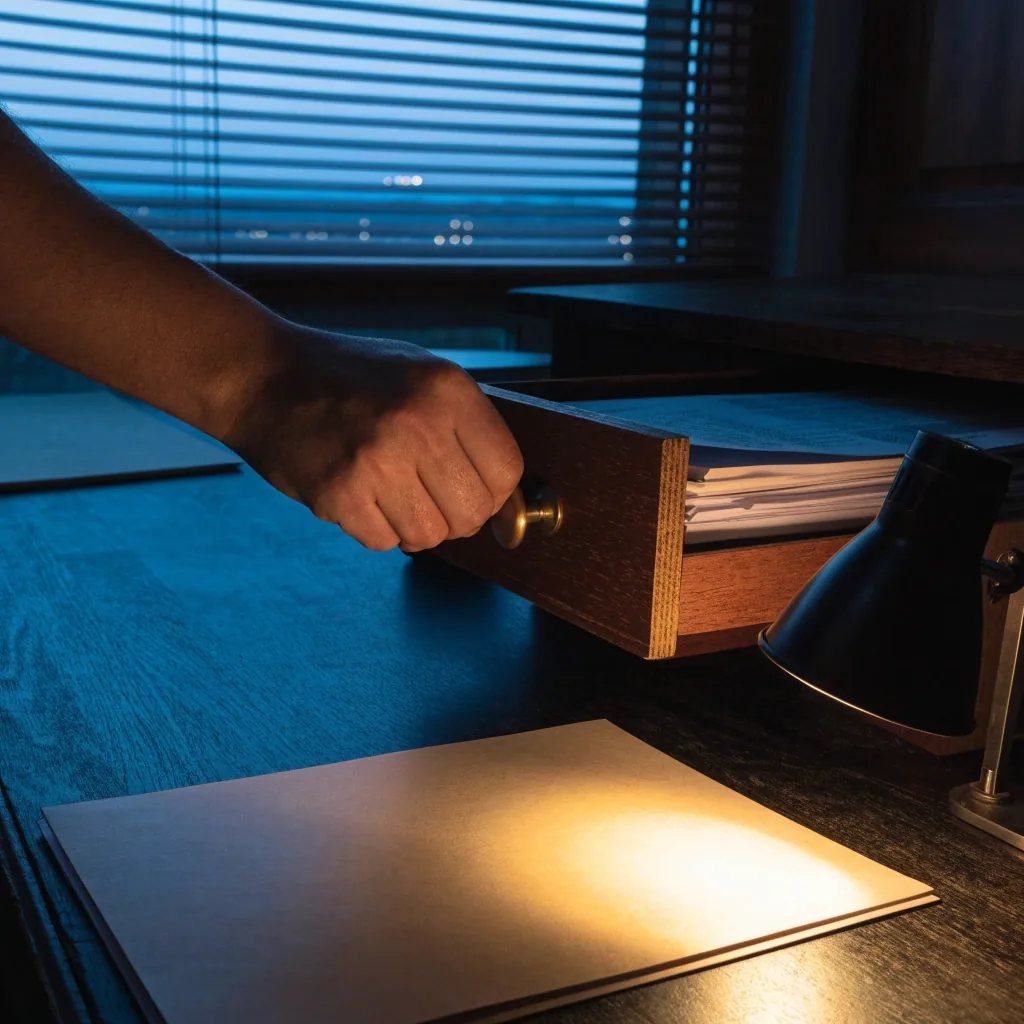 Mesa de trabajo editorial al atardecer con cuadernos cerrados y una lámpara encendida